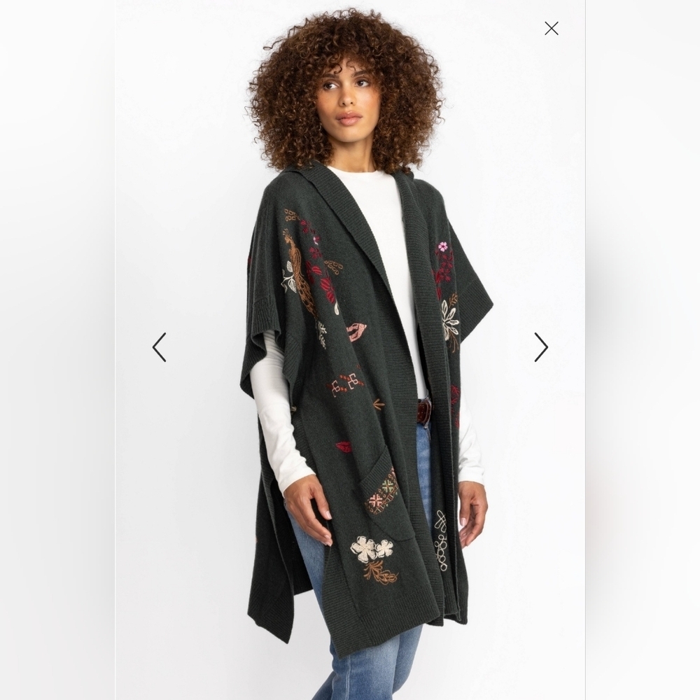 Johnny Was ZuZu Cape Floral Bird Embroidered Wool Cashmere Duster Sweater Hood - Picture 2 of 14